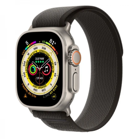 Apple Watch Ultra смарт-сағаты, 49мм титан қорымен, қара/сұр таспа таспасы M/L, (MQFX3GK/A)