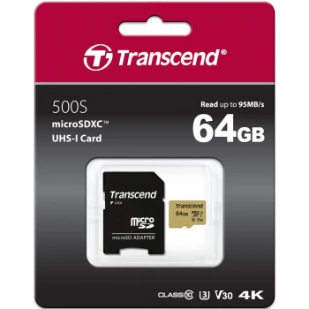 Карта памяти Transcend MicroSD 64GB, Class 10 UHS-I U3, (TS64GUSD500S)