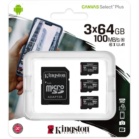 Карта памяти Kingston Canvas Select Plus MicroSD 64GB, Class 10 UHS-I U1, 3 Pack, (SDCS2/64GB-3P1A)