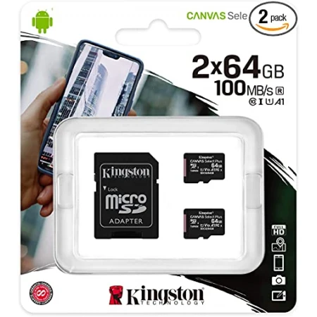 Карта памяти Kingston Canvas Select Plus MicroSD 64GB, Class 10 UHS-I U1, 2 Pack, (SDCS2/64GB-2P1A)