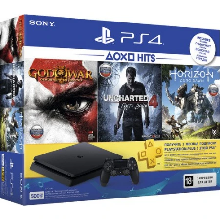 Sony PlayStation 4 Slim 500GB, Black + Horizon/GOW3/Uncharted 4 + 3 м. подписка